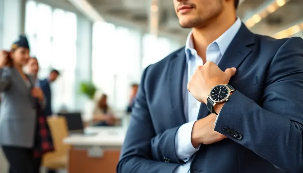 A professional wearing an elegant wristwatch in a busy office setting.