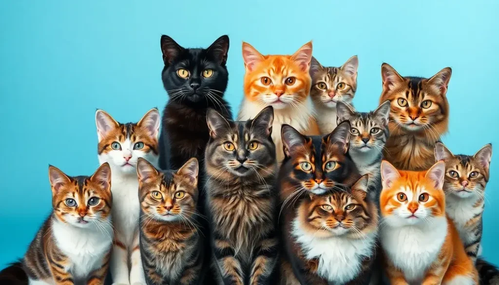Various American cat breeds assembled like a royal court.