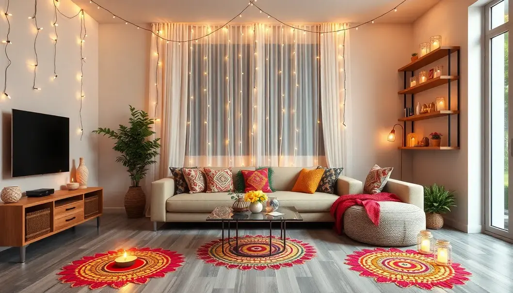 A modern living room decorated with Diwali lights and rangoli designs.
