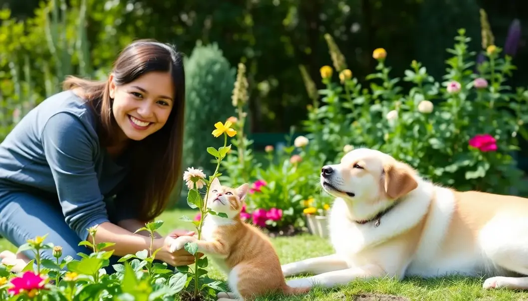 A peaceful pet-friendly garden where both pets and plants thrive together.
