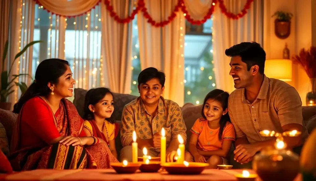 A family in traditional attire celebrating Diwali with vibrant decor and lighting.