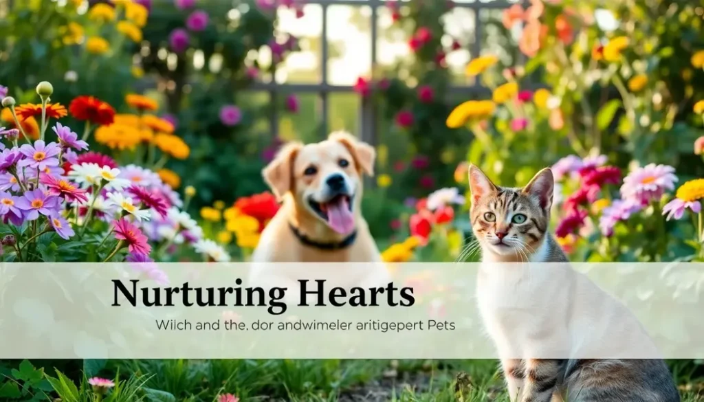A garden scene featuring a dog, a cat, and blooming flowers.