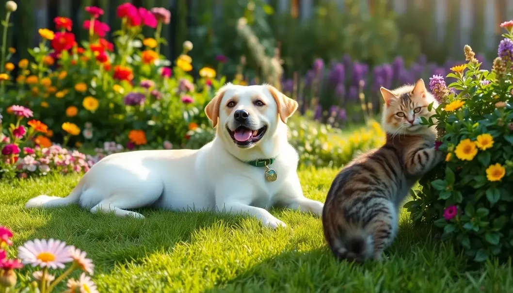 A peaceful pet-friendly garden where both pets and plants thrive together.