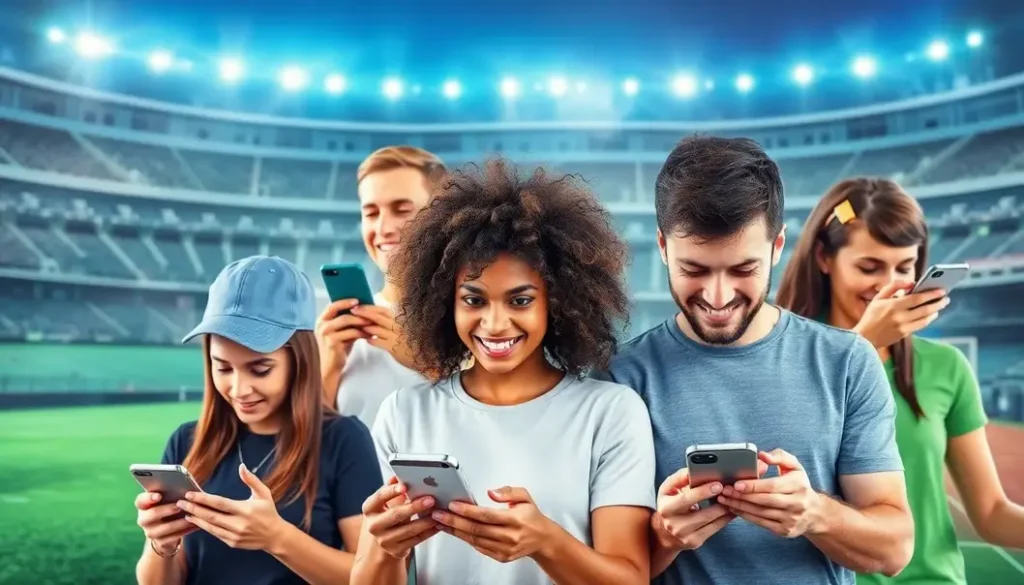 Various fans using money-saving apps on devices with sports scenes.