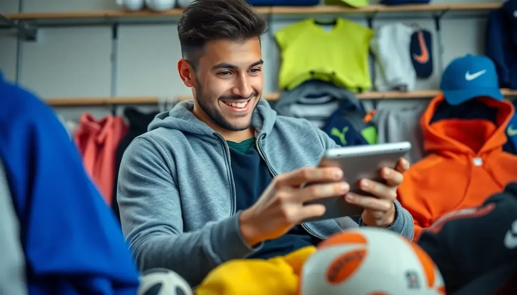 A sports fan using a discount ticket app against the backdrop of a lively stadium.