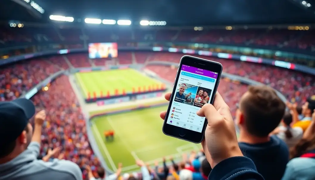 A sports fan using a discount ticket app against the backdrop of a lively stadium.